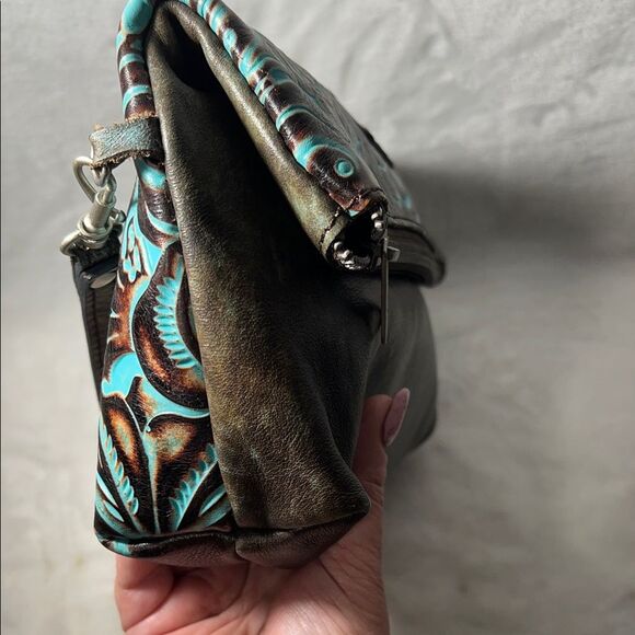 Patricia Nash Valerie Turquoise and Brown Fold Over Wristlet Clutch - Picture 5 of 12